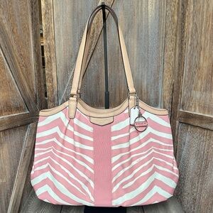 Coach F24022 Signature Pink Tulle Tan Stripe Zebra Print Devin Big Shoulder Bag